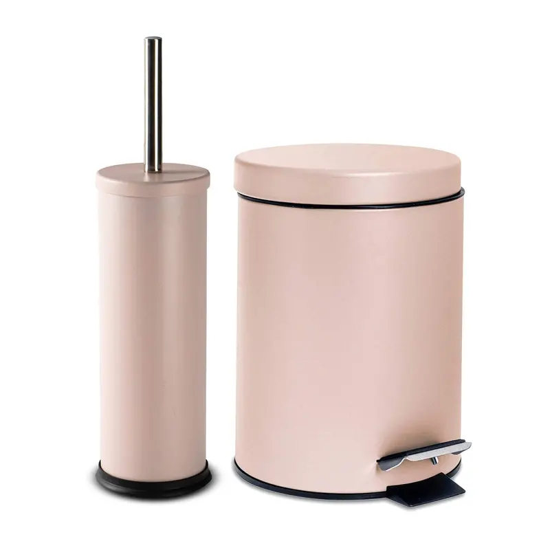 Matte Pink Round Stainless Steel Toilet Brush And Bin Ensemble 1