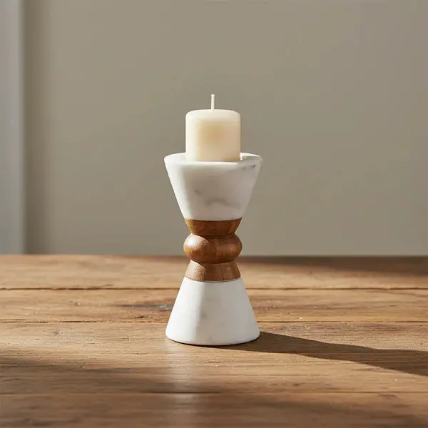 Mela Artisans Heirloom Candleholders – Marble And Acacia Wood 1