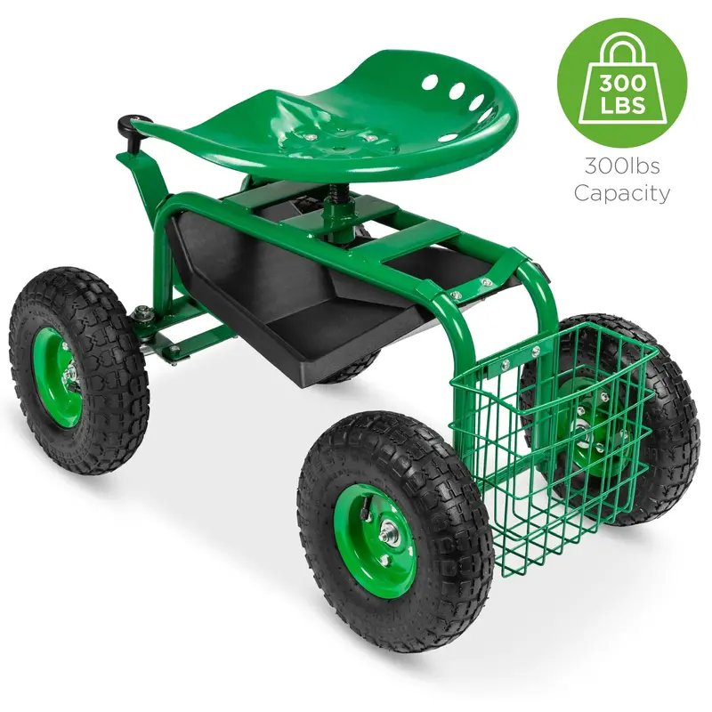 Mobile Garden Work Seat With 4 Wheels, Tool Tray & Storage Basket 1