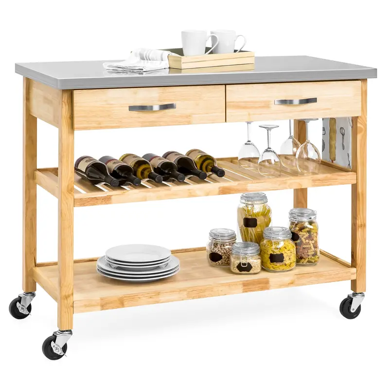 Mobile Kitchen Island Cart With Brushed Stainless Steel Countertop 1