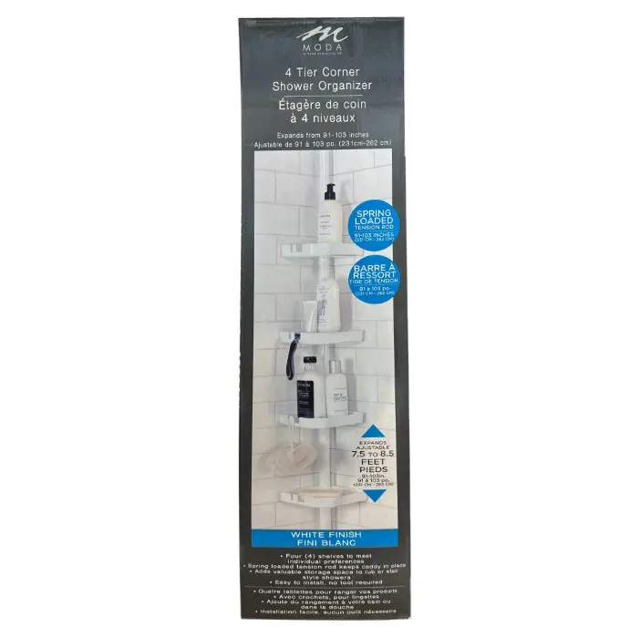 Moda 4-Tier Tension-Mount Corner Shower Caddy – White 1