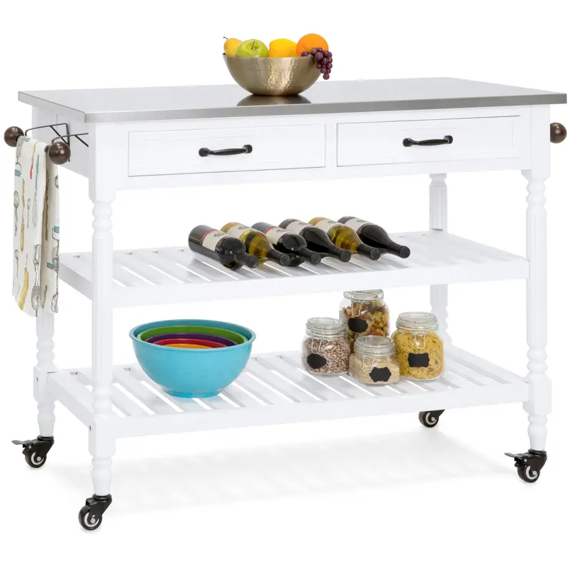 Multi-Functional Kitchen Island Cart With Stainless Steel Countertop And Storage Shelves 1