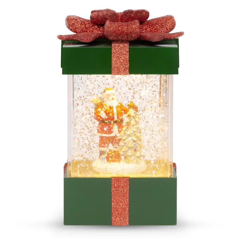 Musical Glitter Snow Globe Ornament Shaped Like A Christmas Present With Santa 1
