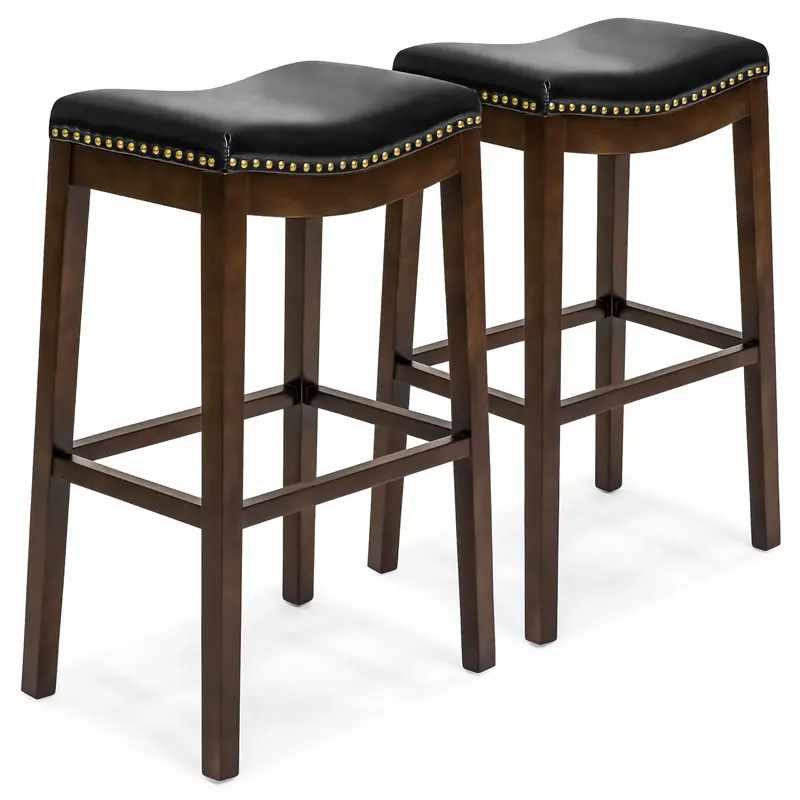 Pair Of Sleek Backless Bar Stools – 31-Inch Height With Faux Leather Seats And Decorative Brass Accents 2