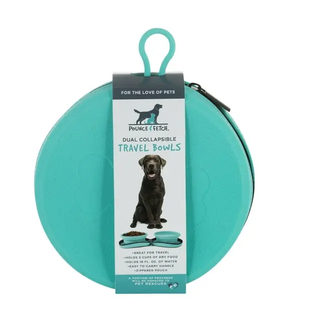 Pounce + Fetch Travel Double Silicone Pet Bowl With Zippered Carrying Case – 18 Oz Capacity 1