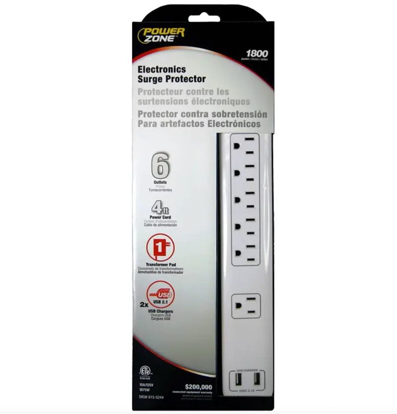 Powerzone 4-Foot Power Strip – 6 Ac Outlets + 2 Usb Charging Ports – White 1