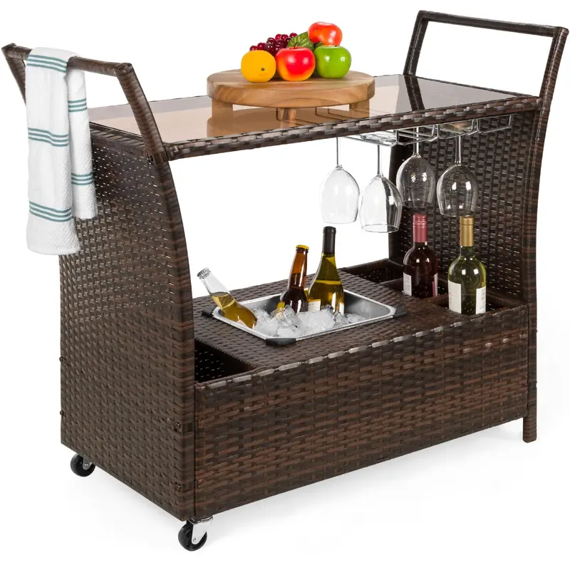Rolling Wicker Bar Cart With Tempered Glass Surface And Built-In Ice Bucket 1