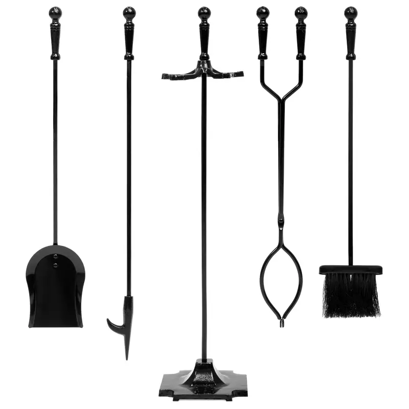 Rustic 5-Piece Cast Iron Fireplace Tool Set With Stand, Tongs, Poker, Broom, And Shovel 1