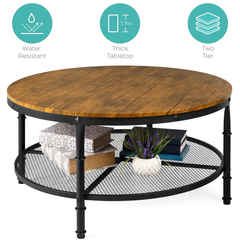 Rustic Round Coffee Table With Steel Frame & Wooden Top – Two-Tier 35.5" Living Room Centerpiece 1