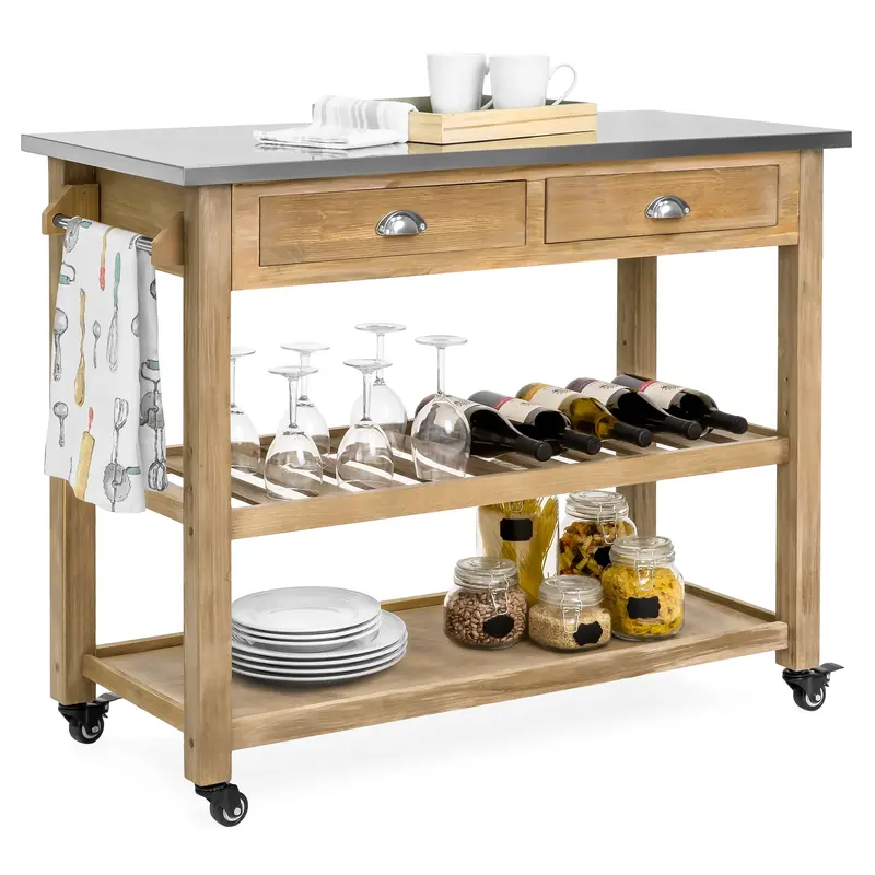 Rustic Wooden Kitchen Island And Bar Cart With Stainless Steel Countertop 1