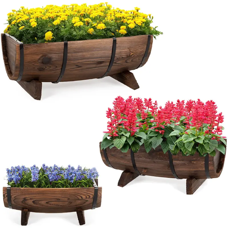 Set Of 3 Rustic Half-Barrel Wooden Planters With Drainage 1