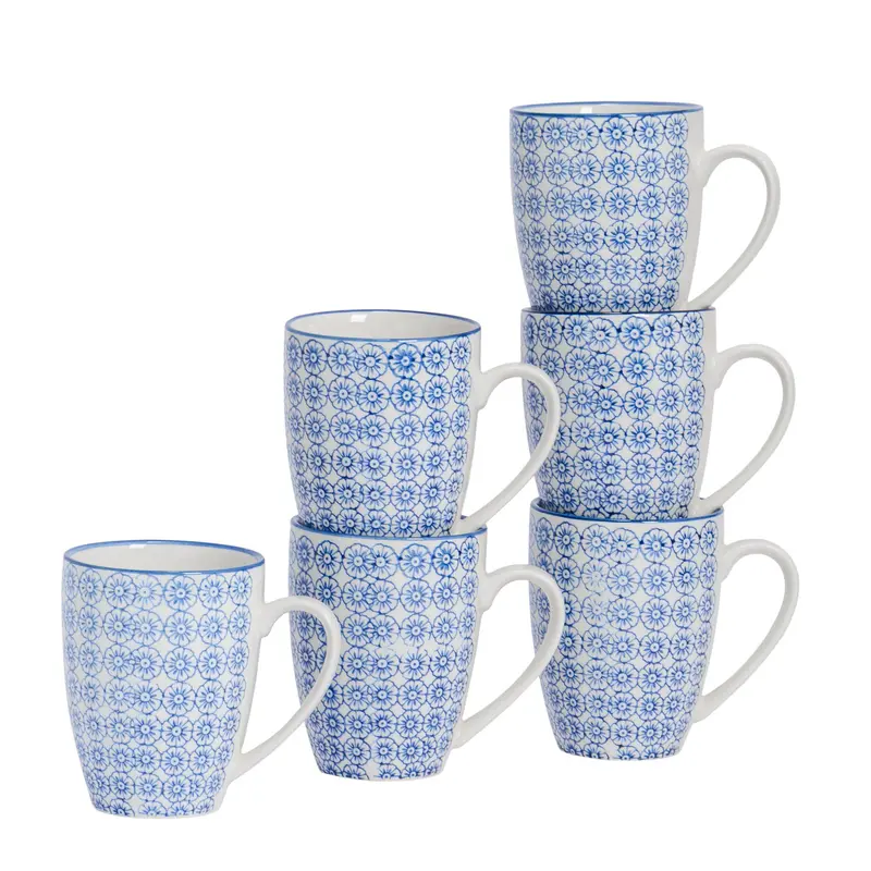 Set Of 6 Navy Blue Hand-Printed Stoneware Coffee Mugs – 360Ml 1