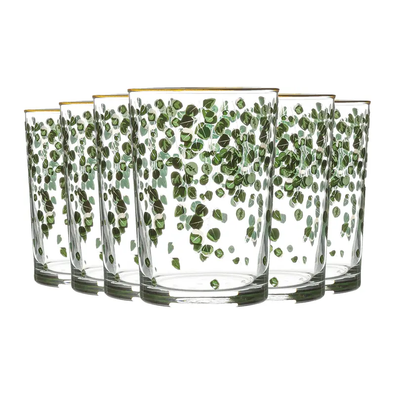 Set Of Six 520Ml Green Leaf Accent Highball Glasses – Bodega Series 1
