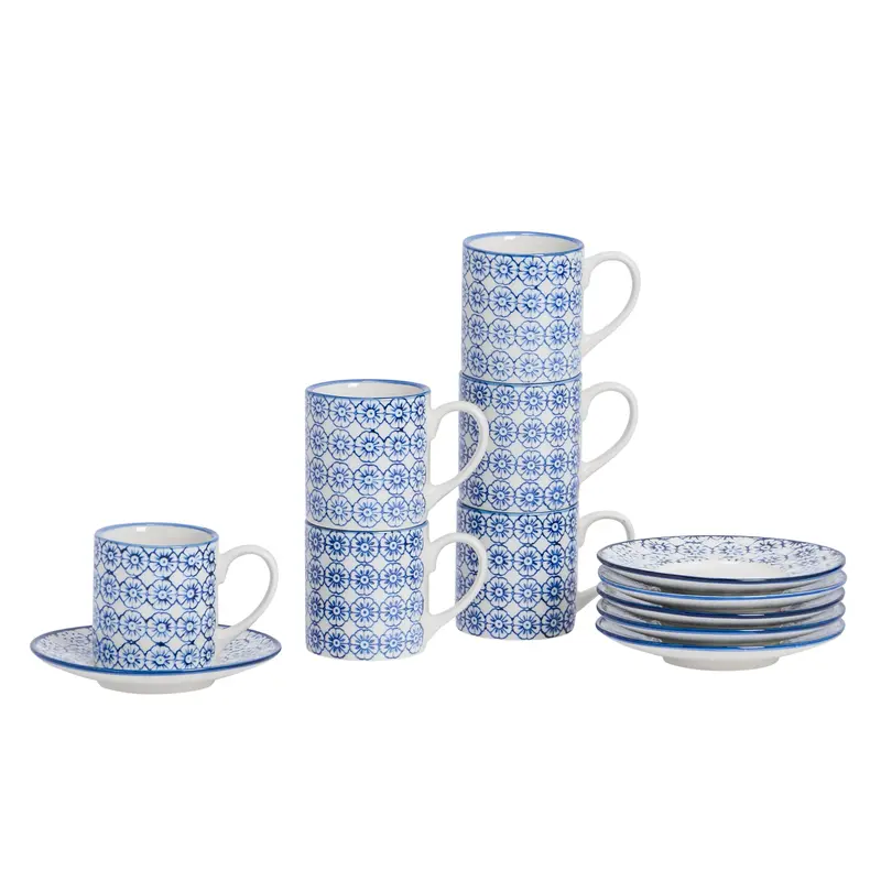Set Of Six 65Ml Hand-Printed Espresso Cups With Matching Saucers 1