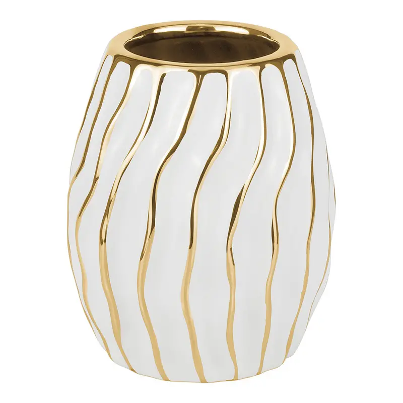 Short White Porcelain Vase With Gold Accented Waves 1