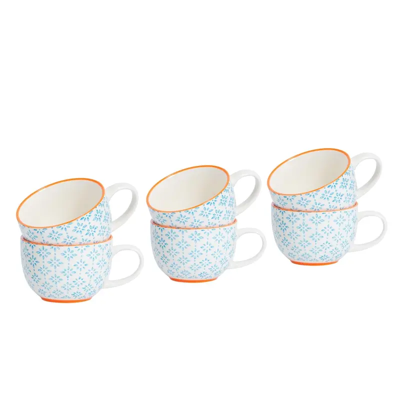 Six 250Ml Blue Hand-Printed Cappuccino Cups – Unique Stoneware Espresso Pairings 1