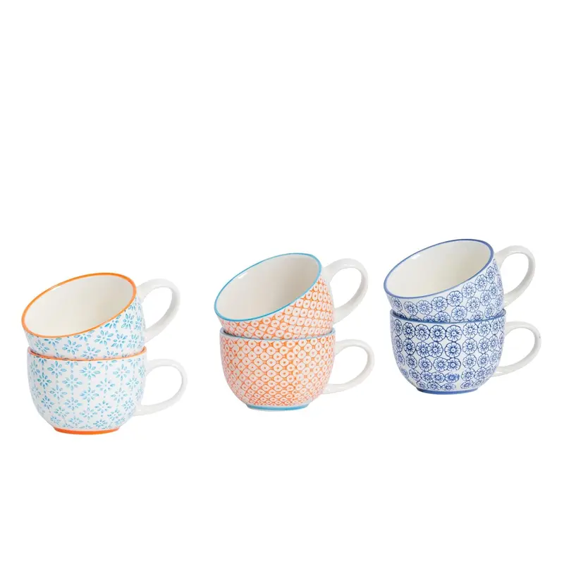 Six 250Ml Floral Hand-Printed Cappuccino Cups – Decorative Stoneware Collection 1