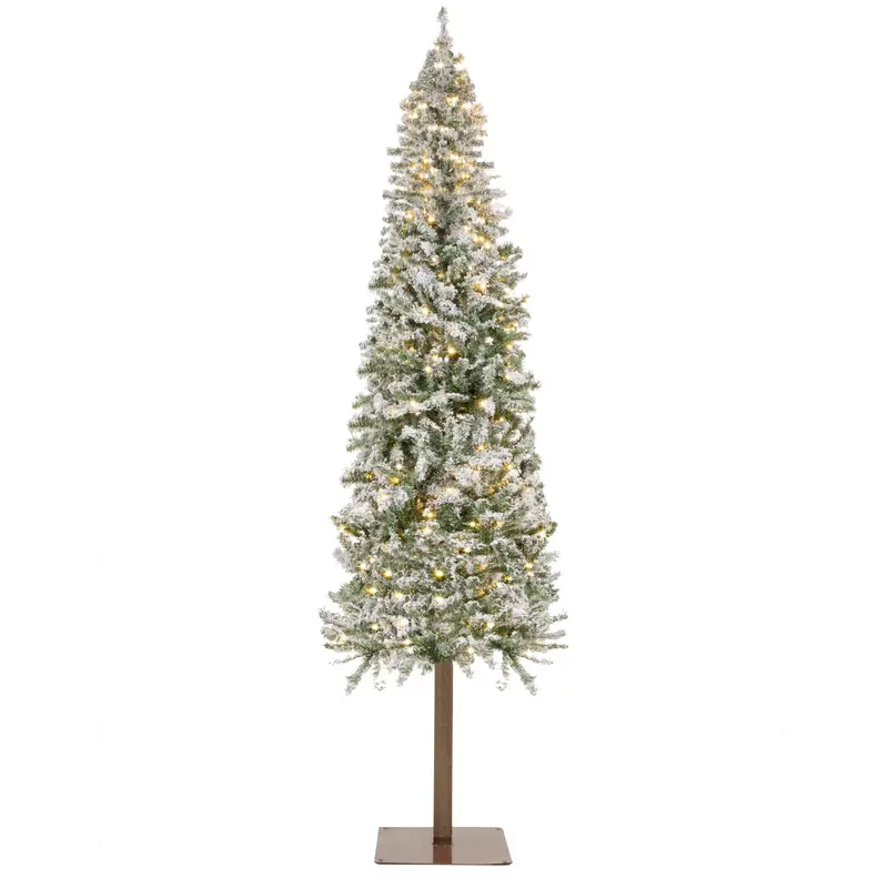 Snow-Flocked Slim Pencil Christmas Tree – 7.5Ft Pre-Lit With Warm White Leds & Stand 1