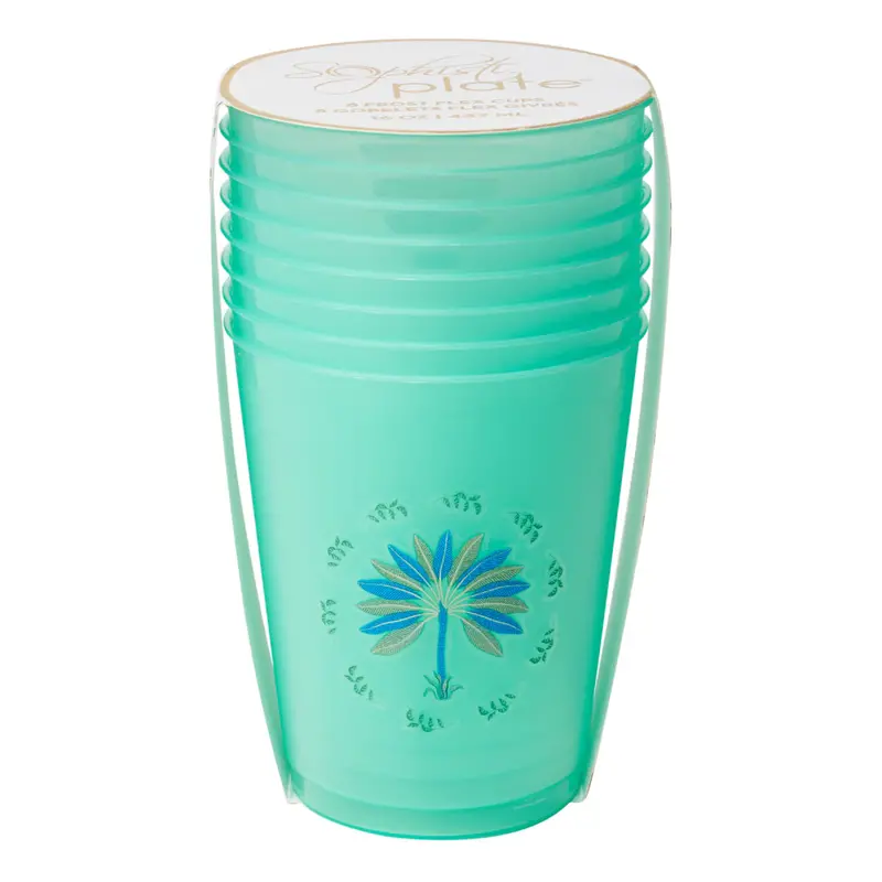 Sophistiplate Reusable Frost-Finish Flex Cups – Preppy Palm Design, 16 Oz, 8-Pack 1