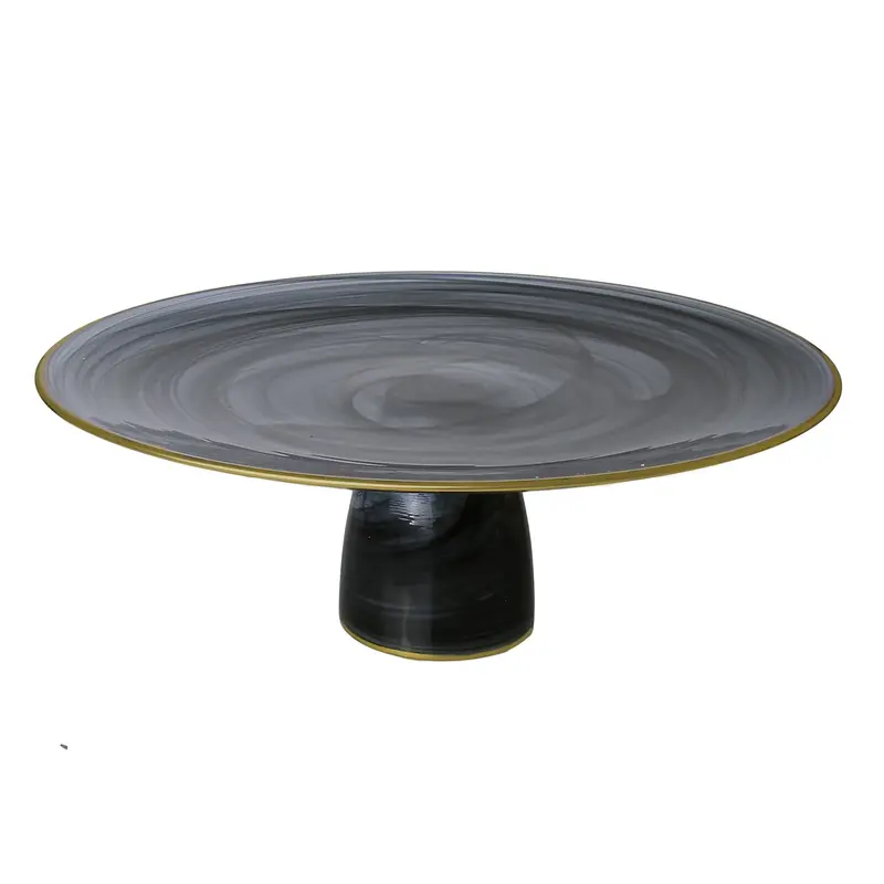 Stem-Mounted Black Alabaster Cake Plate With Gold-Finished Rim 1