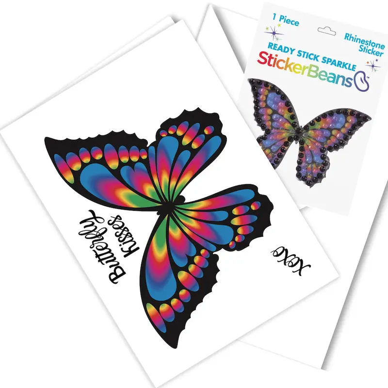 Stickerbeans Rainbow Butterfly Greeting Card With Matching Sticker – 5" X 7" 1