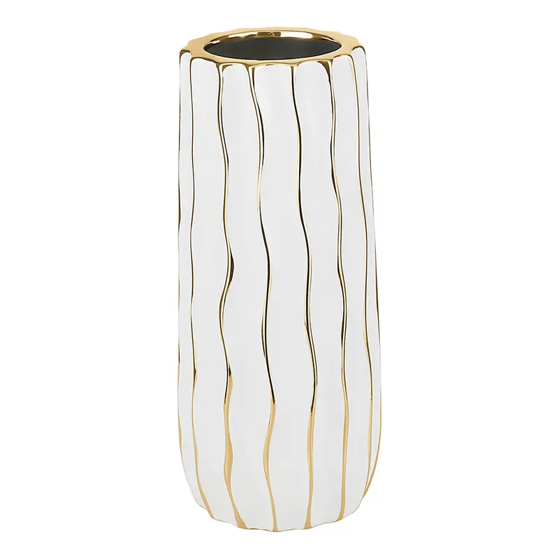 Tall White Porcelain Vase With Gold Wavy Trim 1