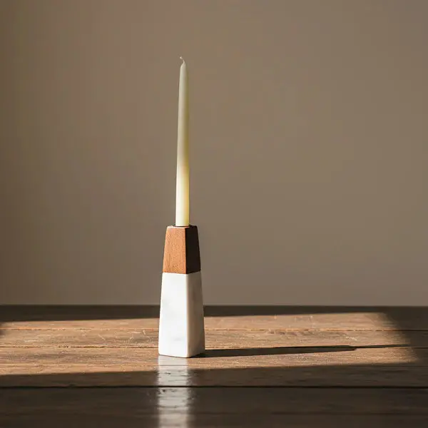 Tapered White Marble And Acacia Wood Sculptural Candle Holder By Mela Artisans 1