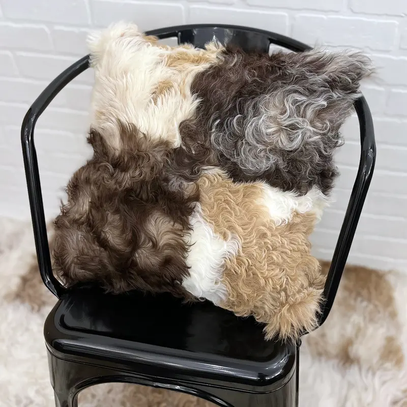 The Mood Tigrado Patchwork Pillow – Artisanal Spanish Lambskin Cushion With Mixed-Tone Panels 1