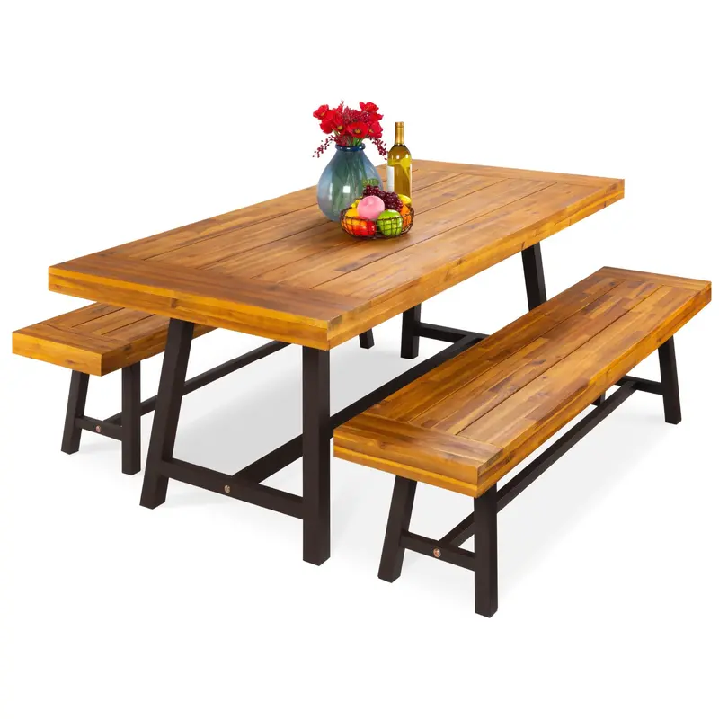 Three-Piece Acacia Wood Dining Set – All-Weather Indoor/Outdoor Table & Bench Collection 1