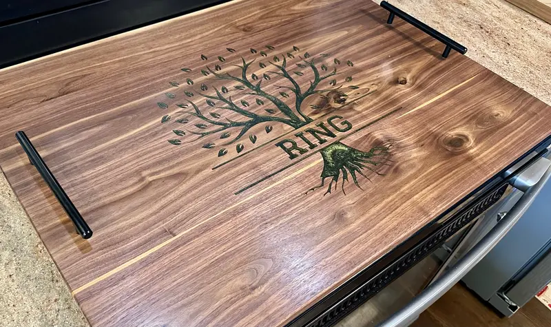 Tree-Themed Stovetop Cover – Custom Name Embellished Wooden Lid 1