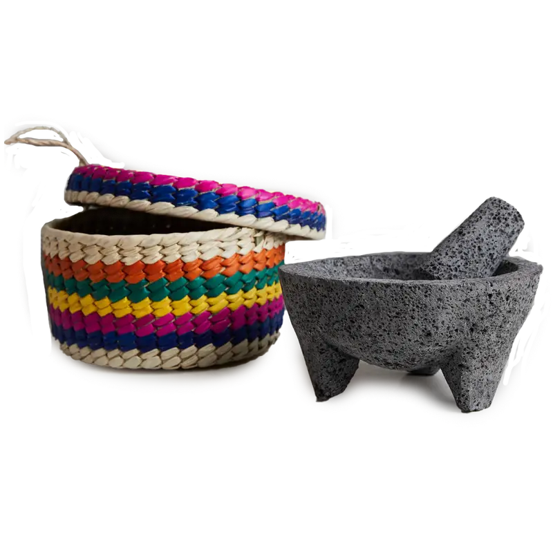 Verve Culture Molcajete Set With Woven Tortilla Basket – Authentic Mexican Kitchen Tools 1