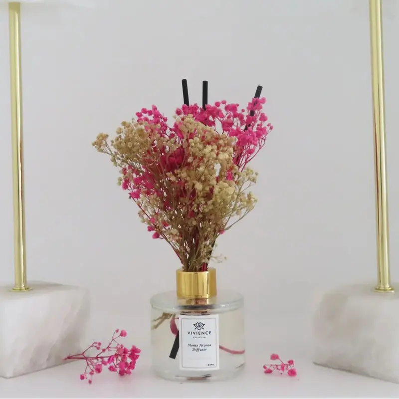 Vivience Clear Glass Diffuser Bottle With White And Pink Botanical Accents 1