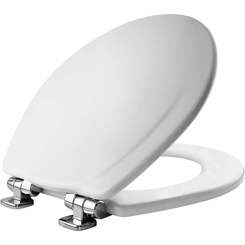 Whisper-Quiet Round White Wooden Toilet Seat – Chrome Hinges 1
