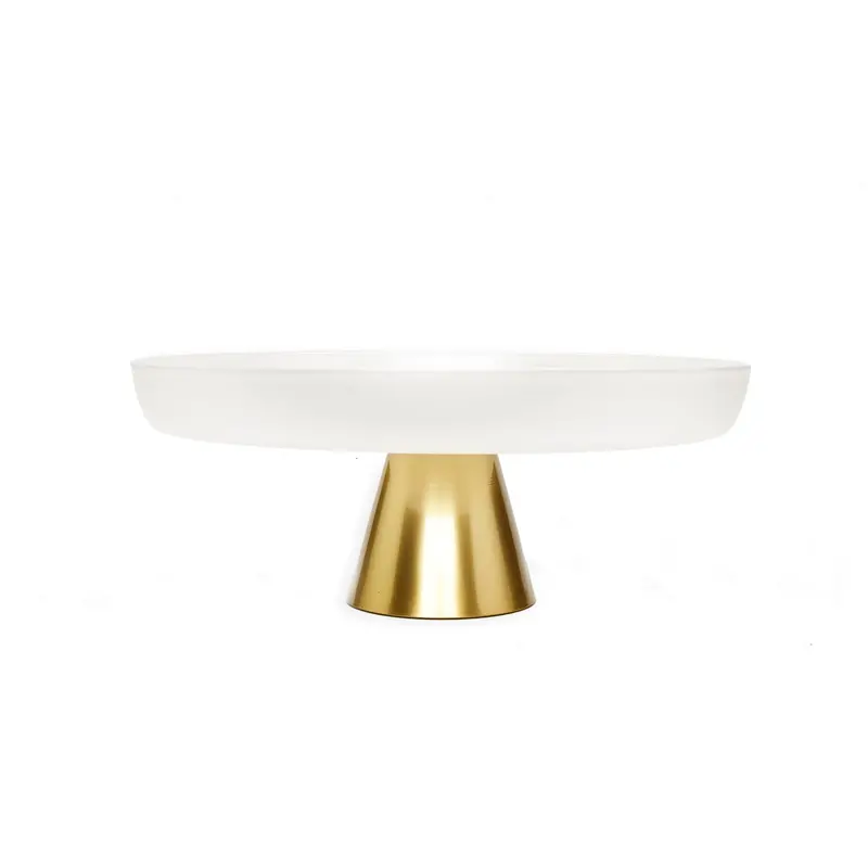White Glass Dessert Plate Mounted On Sleek Gold-Tone Stem 1