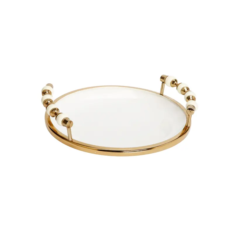 White Serving Plate With Decorative Gold-And-White Beaded Handles 1